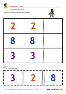 Pre K Math Number Patterns Worksheet with cut and paste activity.