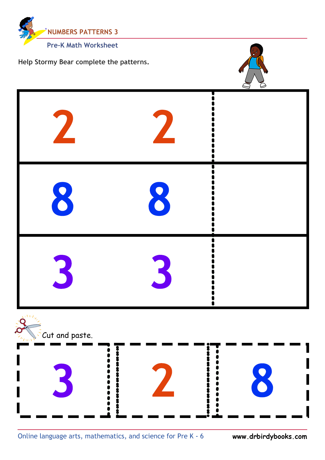 Pre K Math Number Patterns Worksheet with cut and paste activity.