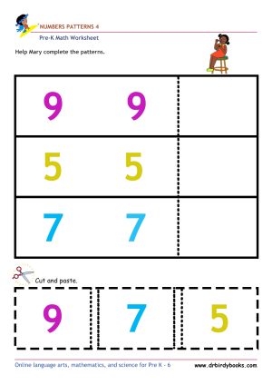 Pre K Math Number Patterns Worksheet with cut and paste activity.
