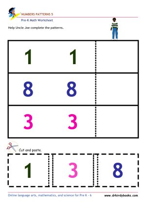 Pre K Math Number Patterns Worksheet with cut and paste activity.