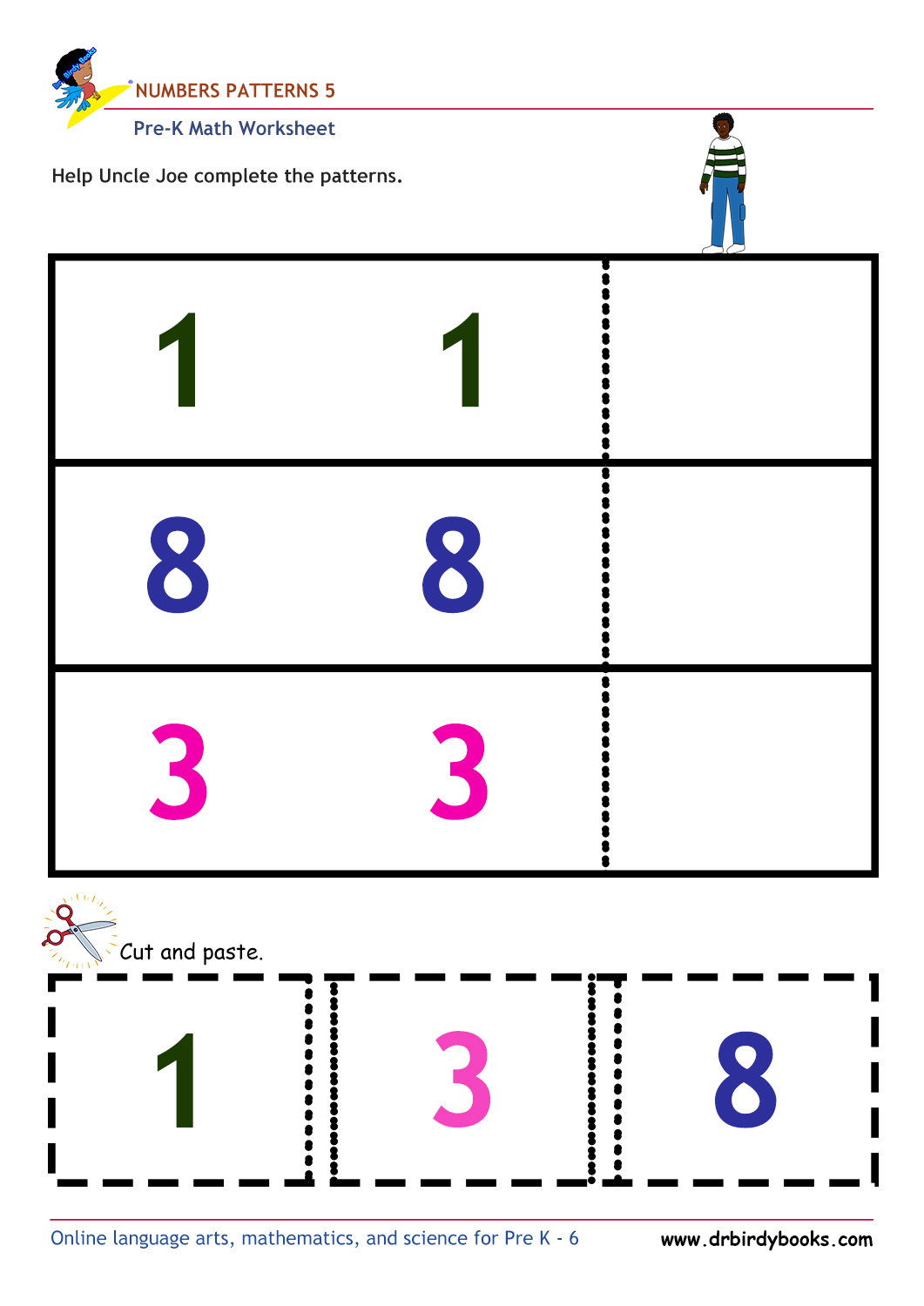 Pre K Math Number Patterns Worksheet with cut and paste activity.