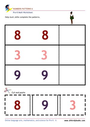 Pre K Math Number Patterns Worksheet with cut and paste activity.