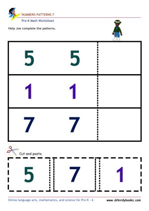 Pre K Math Number Patterns Worksheet with cut and paste activity.