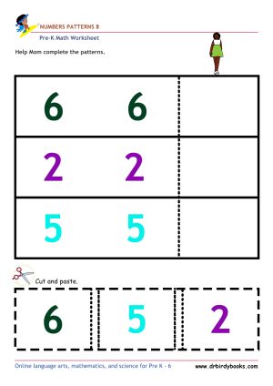Pre K Math Number Patterns Worksheet with cut and paste activity.