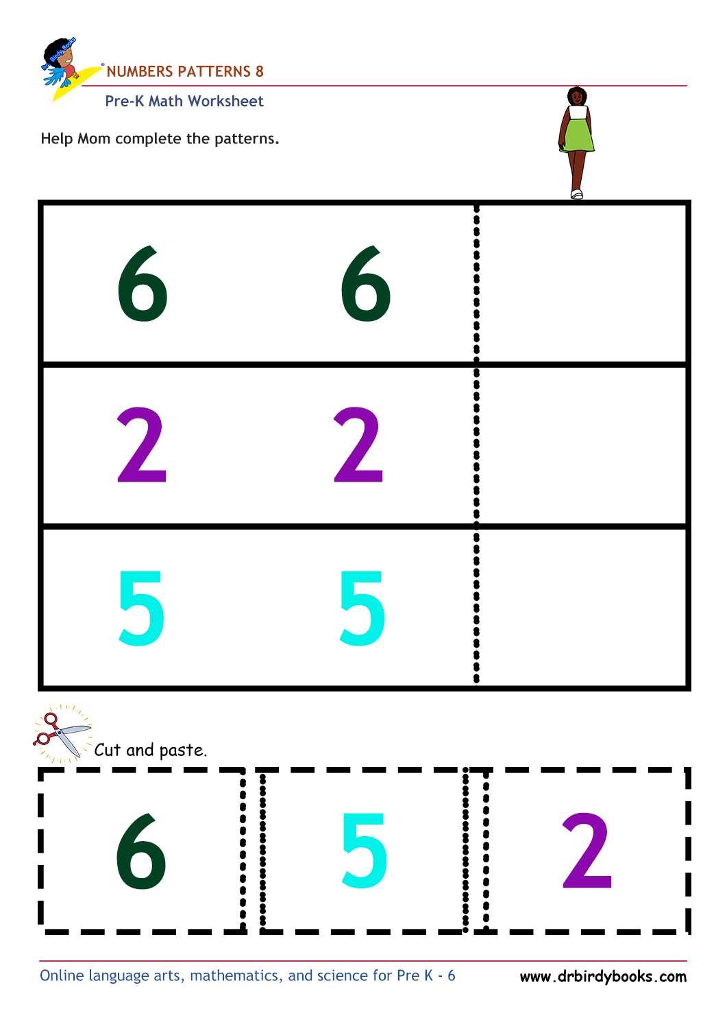 Pre K Math Number Patterns Worksheet with cut and paste activity.