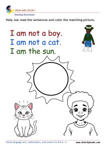 Pre K Reading Read and Color Worksheet with simple sentences and pictures.