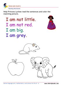 Pre K Reading Read and Color Worksheet with simple sentences and pictures.