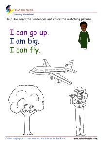 Pre K Reading Read and Color Worksheet with simple sentences and pictures.
