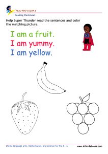 Pre K Reading Read and Color Worksheet with simple sentences and pictures.