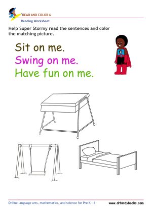 Pre K Reading Read and Color Worksheet with simple sentences and pictures.