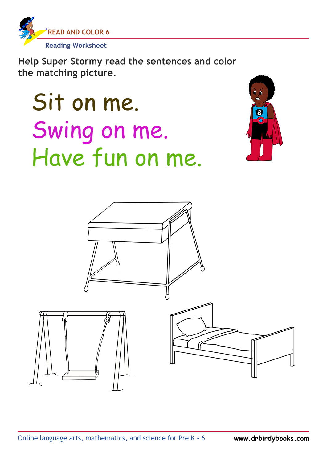 Pre K Reading Read and Color Worksheet with simple sentences and pictures.