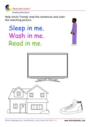 Pre K Reading Read and Color Worksheet with simple sentences and pictures.