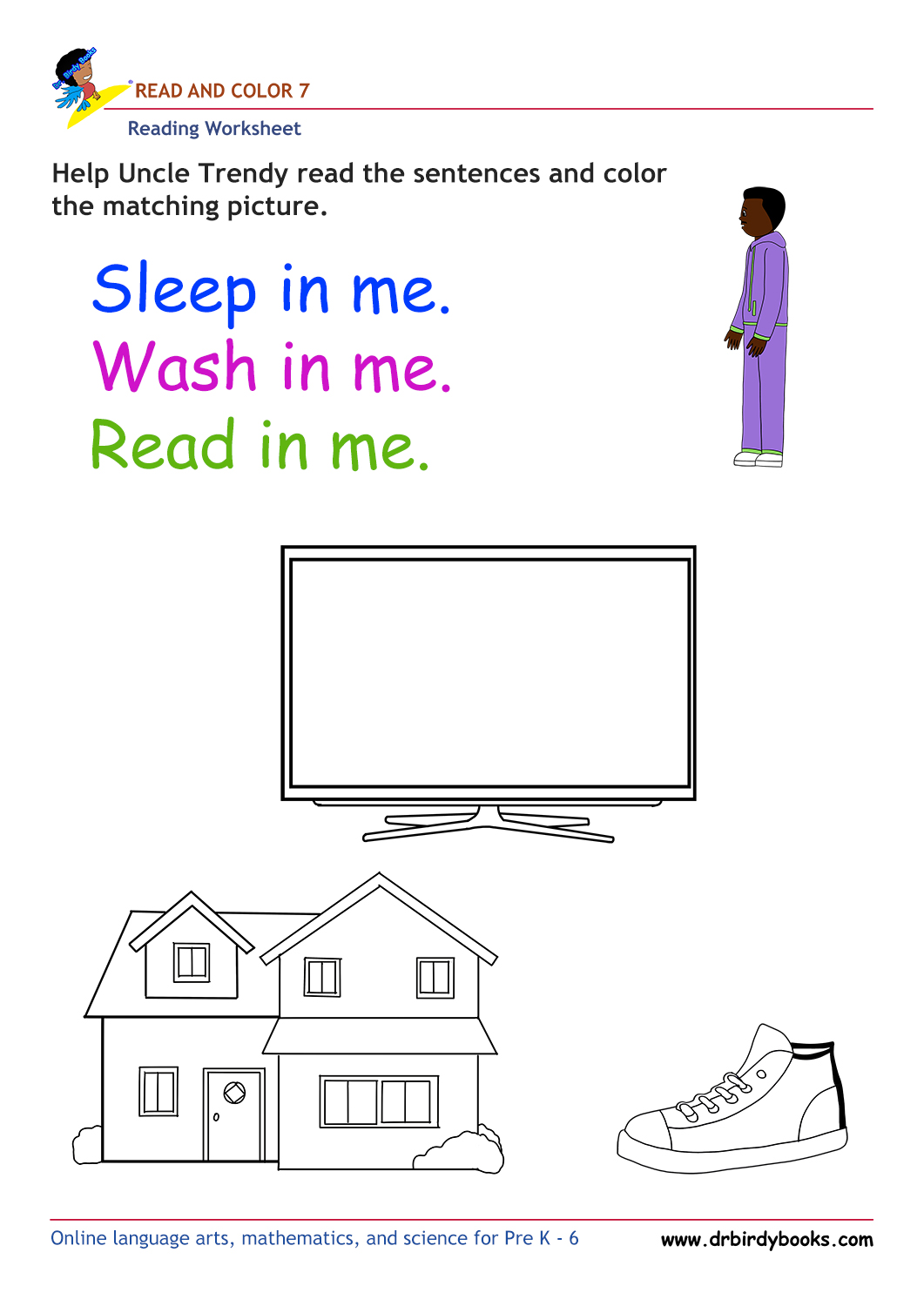 Pre K Reading Read and Color Worksheet with simple sentences and pictures.