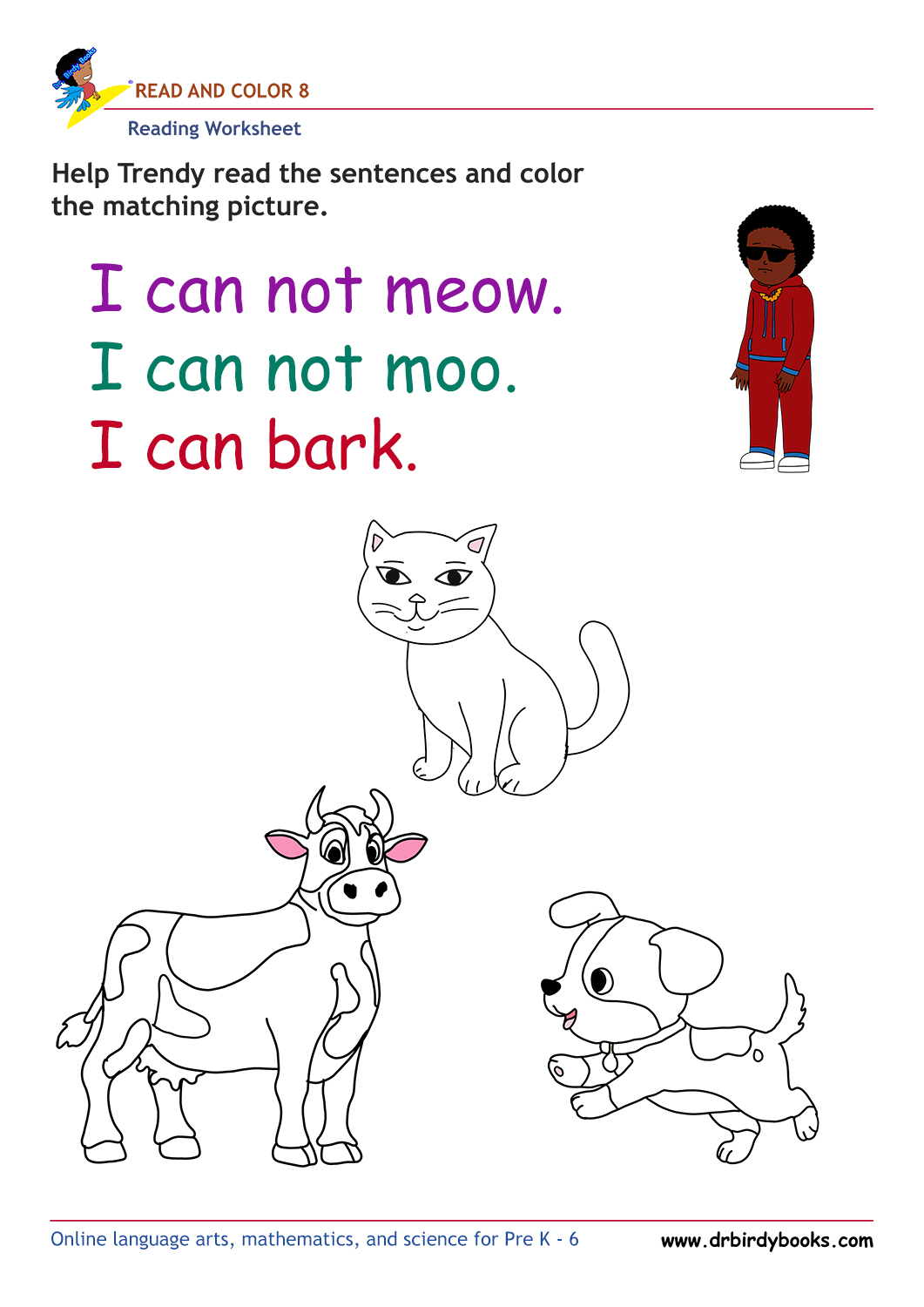 Pre K Reading Read and Color Worksheet with simple sentences and pictures.