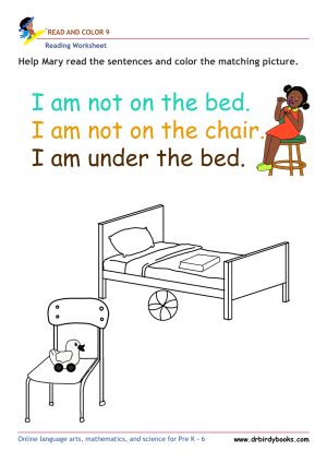 Pre K Reading Read and Color Worksheet with simple sentences and pictures.