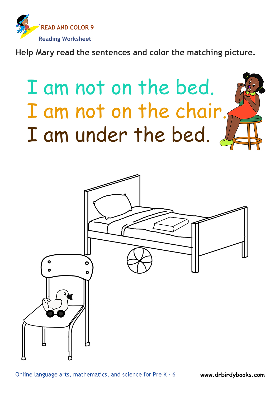 Pre K Reading Read and Color Worksheet with simple sentences and pictures.