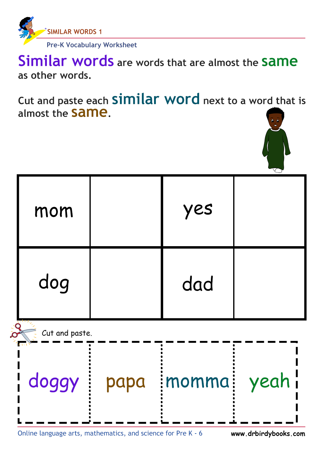 Pre-K vocabulary worksheet focusing on matching synonyms, featuring a cutting and pasting activity for young learners.