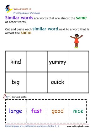 Pre-K vocabulary worksheet focusing on matching synonyms, featuring a cutting and pasting activity for young learners.