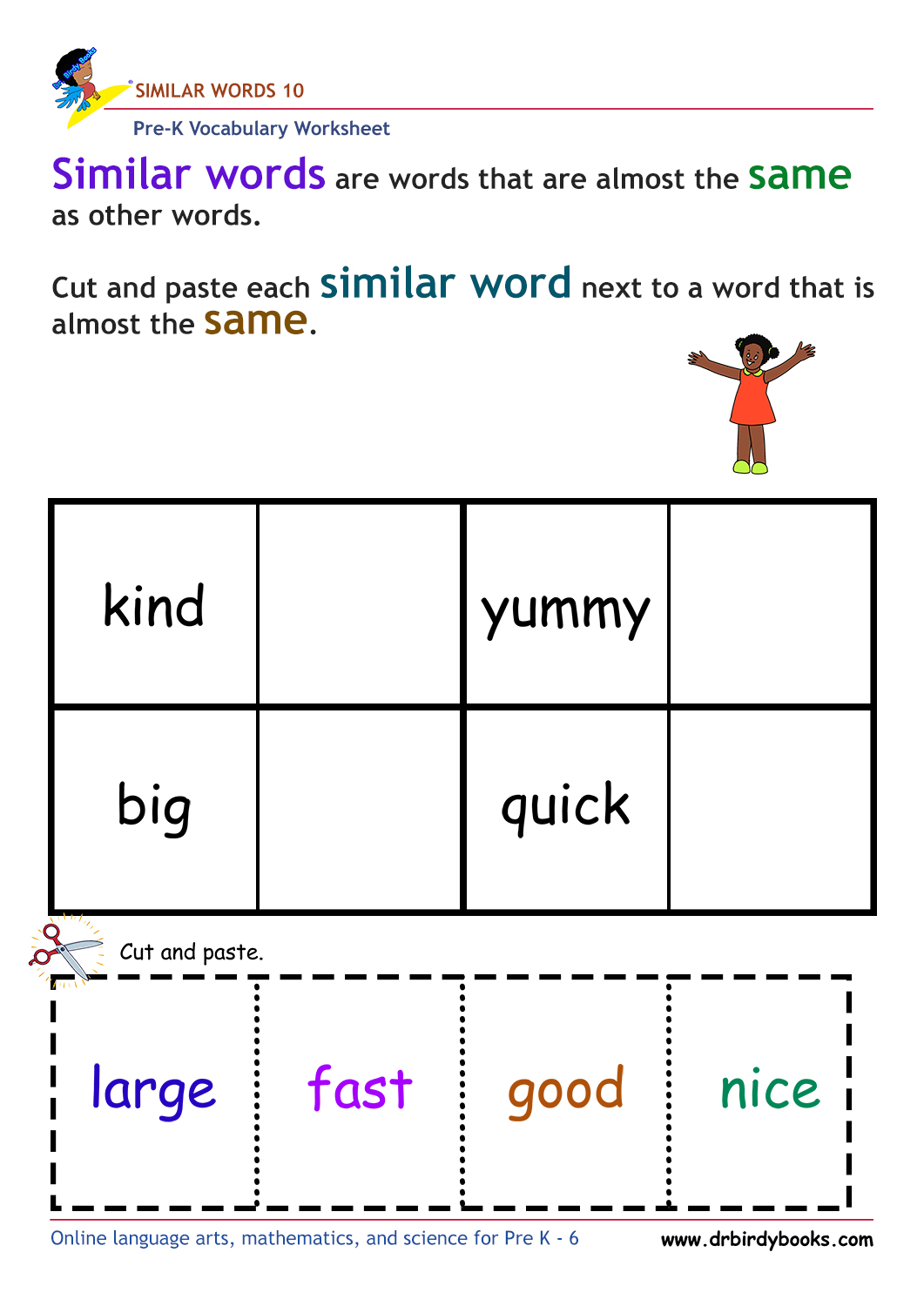 Pre-K vocabulary worksheet focusing on matching synonyms, featuring a cutting and pasting activity for young learners.
