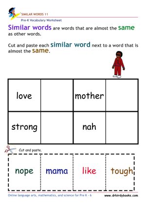 Pre-K vocabulary worksheet focusing on matching synonyms, featuring a cutting and pasting activity for young learners.