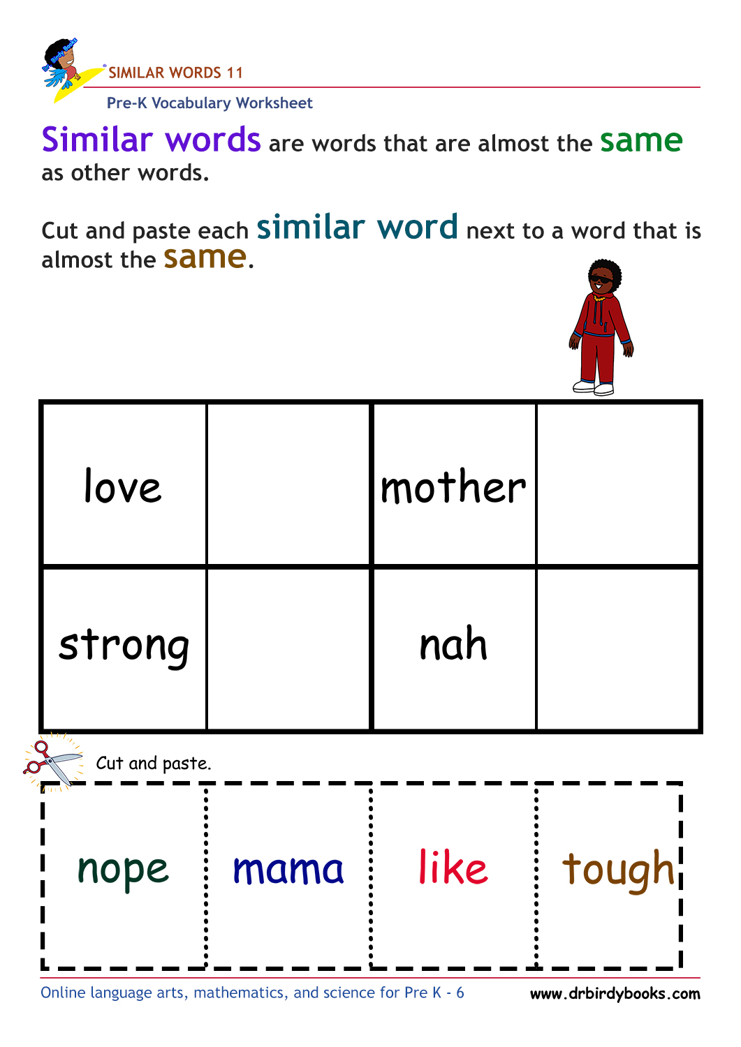 Pre-K vocabulary worksheet focusing on matching synonyms, featuring a cutting and pasting activity for young learners.