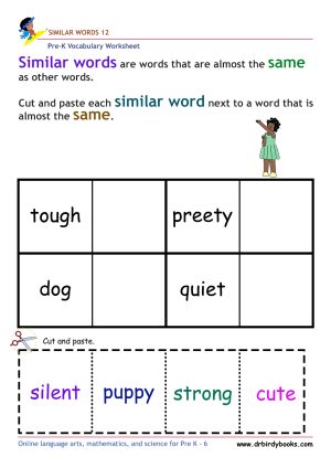 Pre-K vocabulary worksheet focusing on matching synonyms, featuring a cutting and pasting activity for young learners.