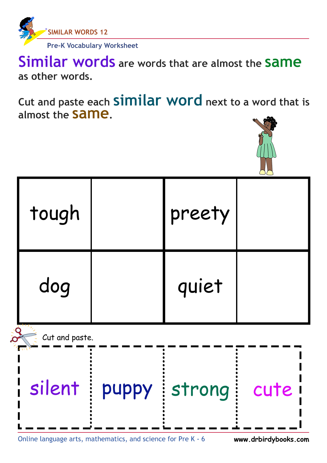 Pre-K vocabulary worksheet focusing on matching synonyms, featuring a cutting and pasting activity for young learners.