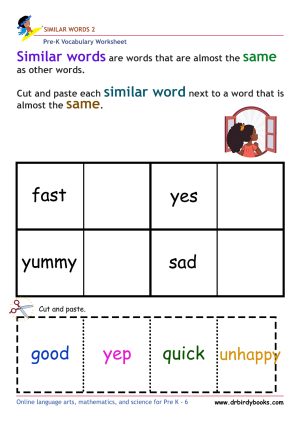 Pre-K vocabulary worksheet focusing on matching synonyms, featuring a cutting and pasting activity for young learners.