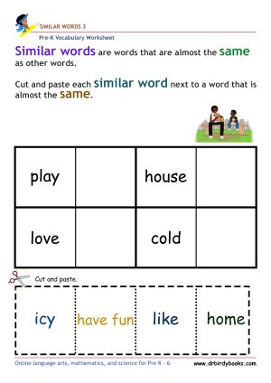 Pre-K vocabulary worksheet focusing on matching synonyms, featuring a cutting and pasting activity for young learners.