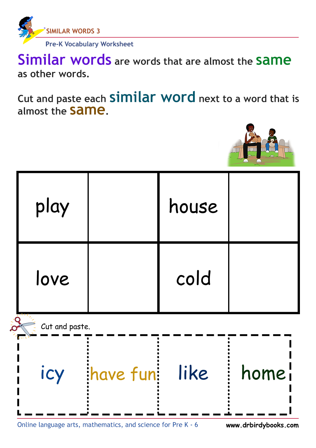 Pre-K vocabulary worksheet focusing on matching synonyms, featuring a cutting and pasting activity for young learners.