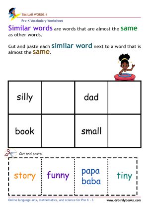 Pre-K vocabulary worksheet focusing on matching synonyms, featuring a cutting and pasting activity for young learners.