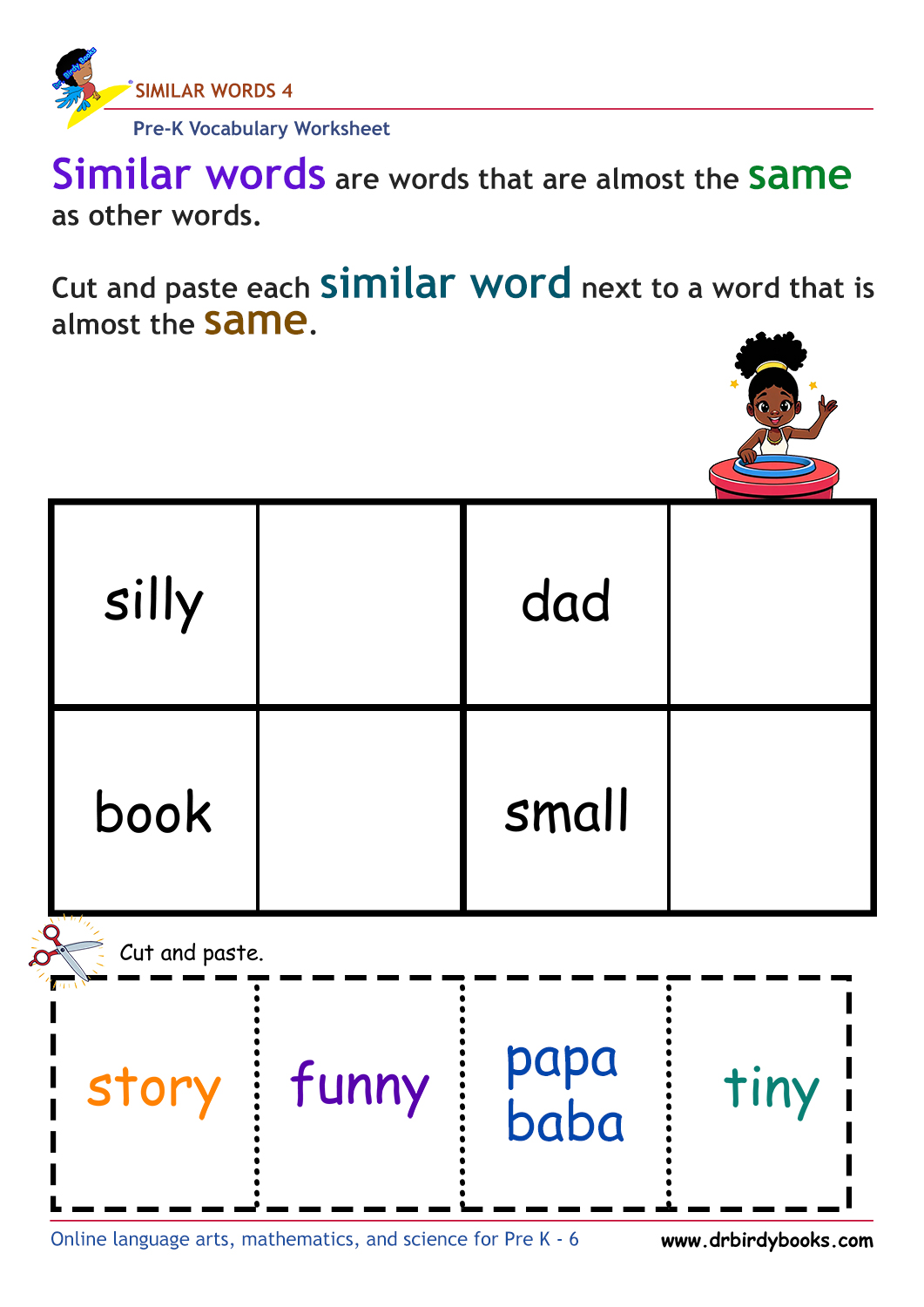 Pre-K vocabulary worksheet focusing on matching synonyms, featuring a cutting and pasting activity for young learners.