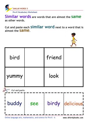 Pre-K vocabulary worksheet focusing on matching synonyms, featuring a cutting and pasting activity for young learners.
