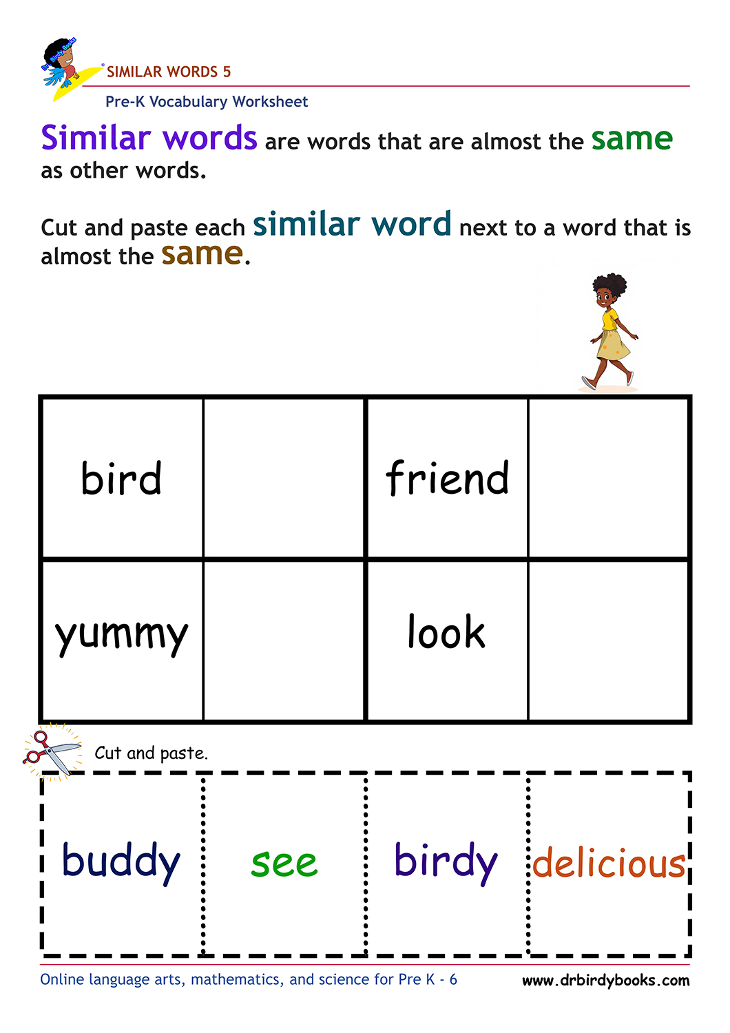 Pre-K vocabulary worksheet focusing on matching synonyms, featuring a cutting and pasting activity for young learners.