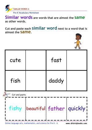 Pre-K vocabulary worksheet focusing on matching synonyms, featuring a cutting and pasting activity for young learners.