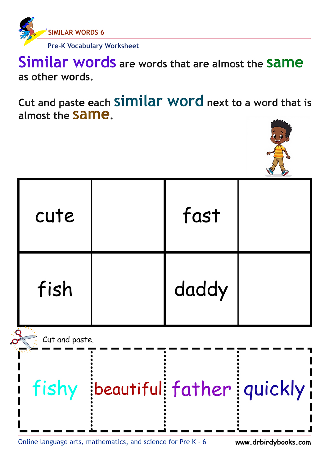 Pre-K vocabulary worksheet focusing on matching synonyms, featuring a cutting and pasting activity for young learners.