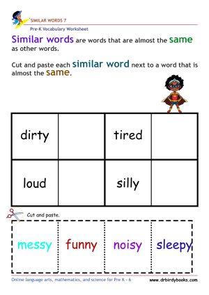 Pre-K vocabulary worksheet focusing on matching synonyms, featuring a cutting and pasting activity for young learners.
