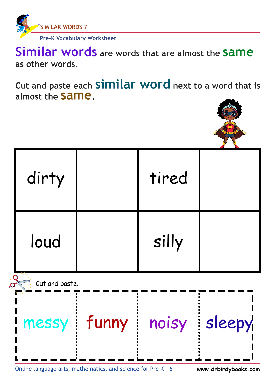 Pre-K vocabulary worksheet focusing on matching synonyms, featuring a cutting and pasting activity for young learners.