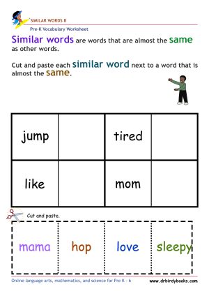 Pre-K vocabulary worksheet focusing on matching synonyms, featuring a cutting and pasting activity for young learners.