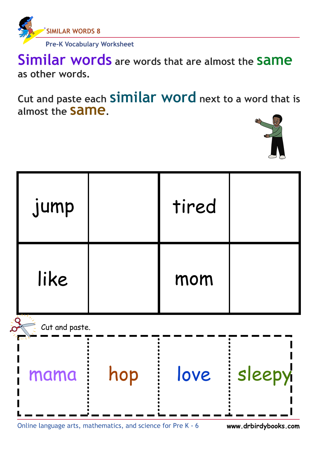 Pre-K vocabulary worksheet focusing on matching synonyms, featuring a cutting and pasting activity for young learners.
