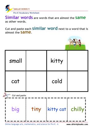Pre-K vocabulary worksheet focusing on matching synonyms, featuring a cutting and pasting activity for young learners.
