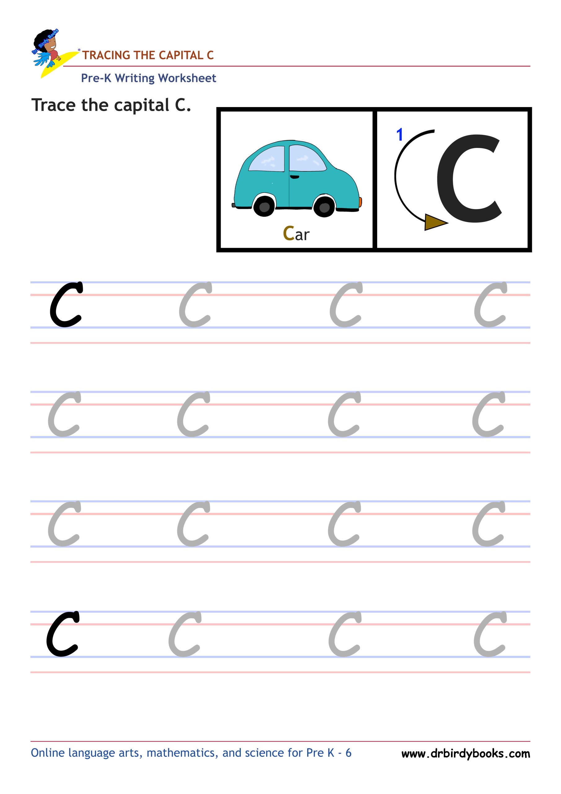 Pre K Writing ABCs Worksheet showing letter strokes and complete letters.