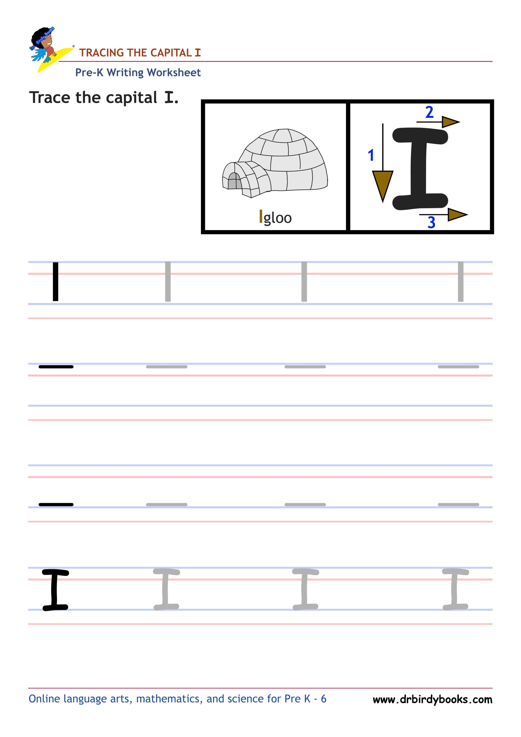 Pre K Writing ABCs Worksheet showing letter strokes and complete letters.