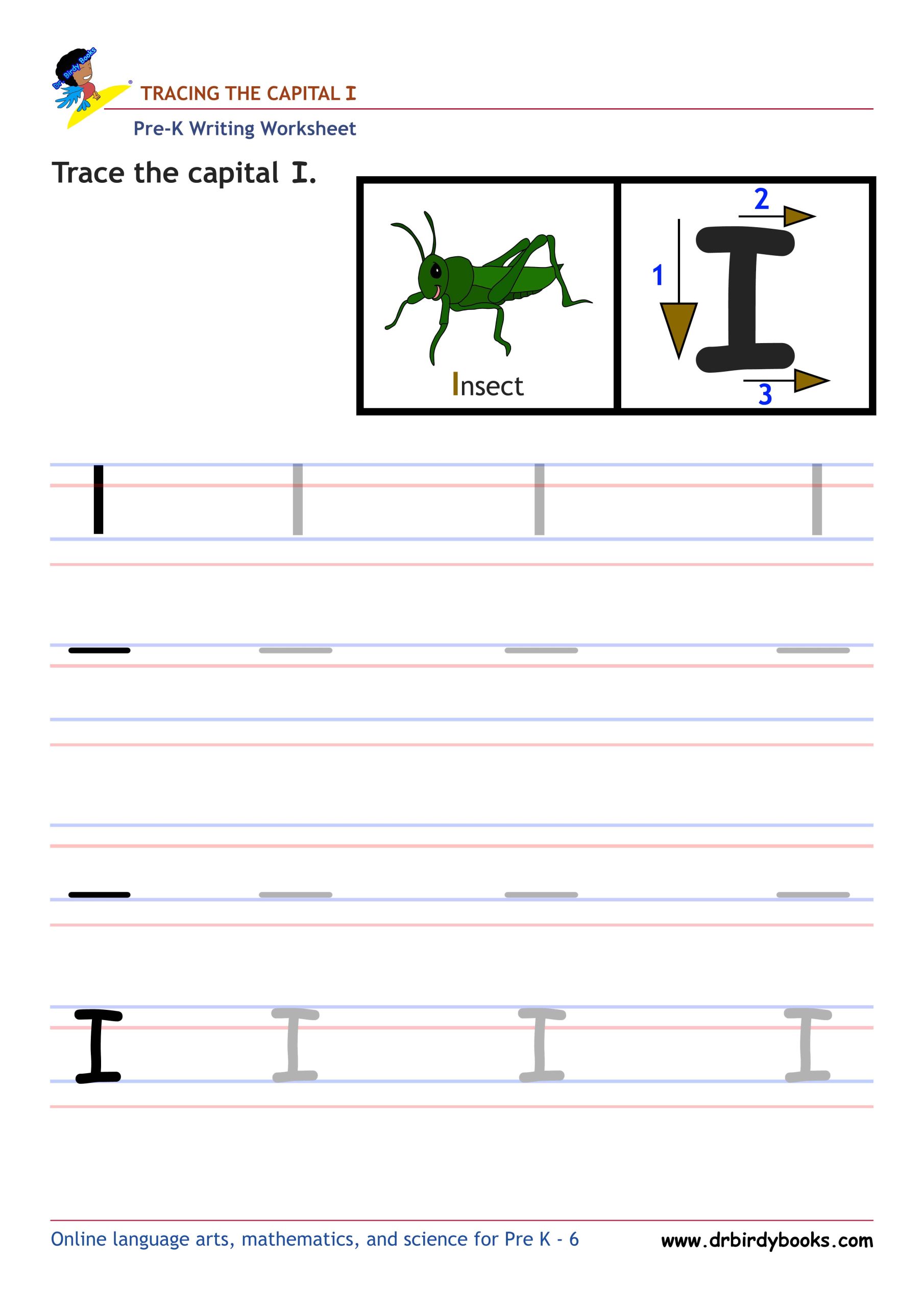 Pre K Writing ABCs Worksheet showing letter strokes and complete letters.