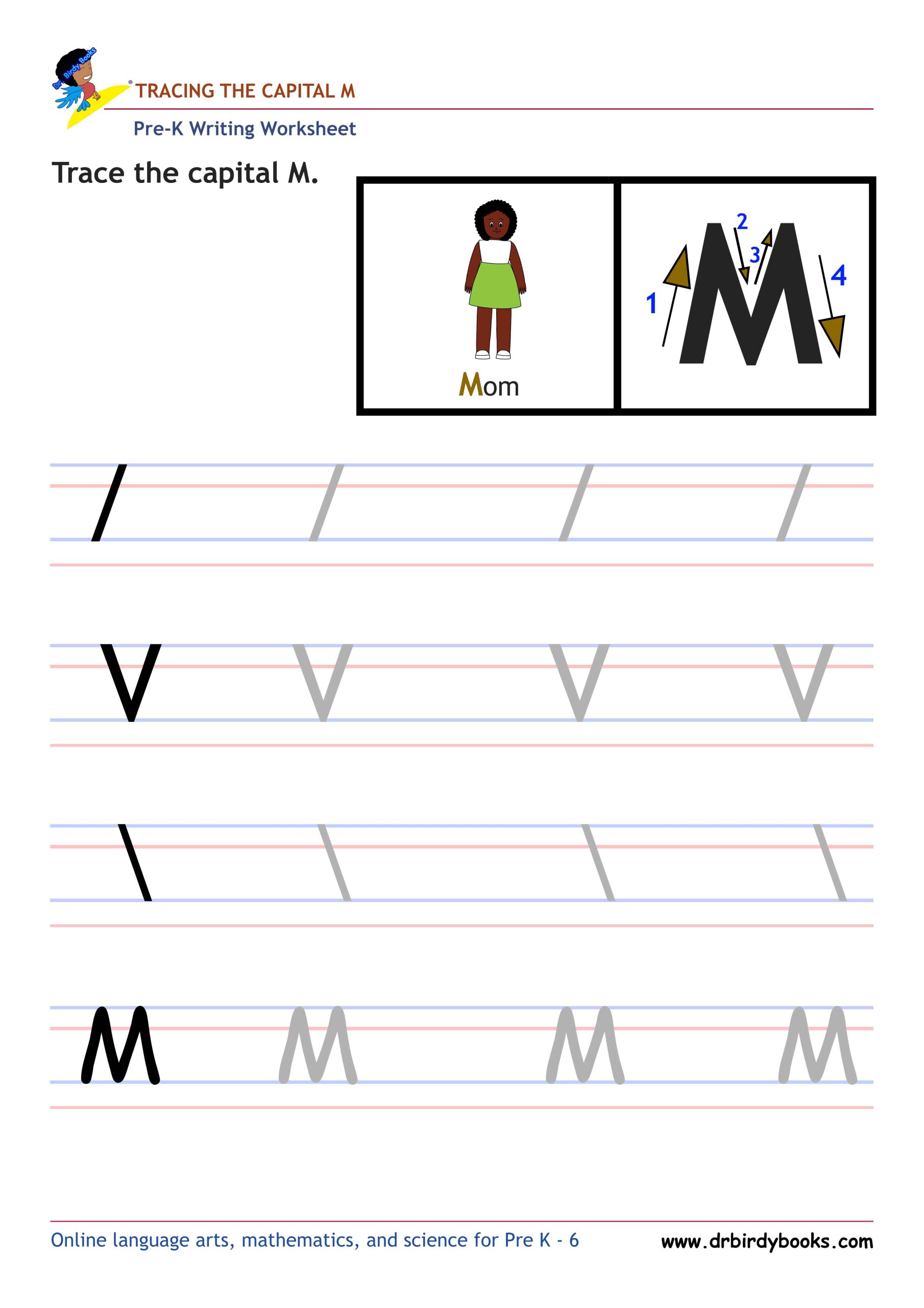 Pre K Writing ABCs Worksheet showing letter strokes and complete letters.