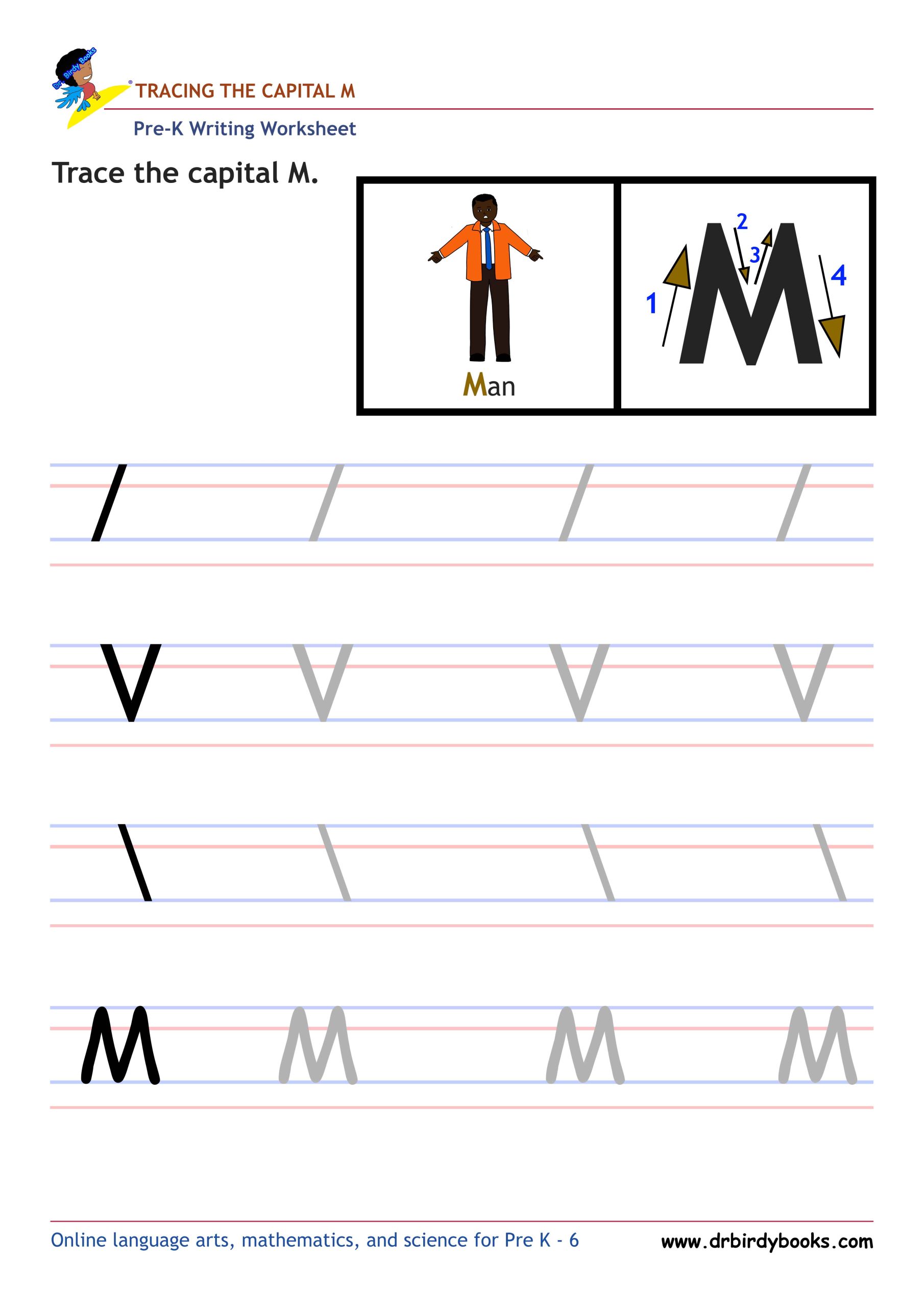 Pre K Writing ABCs Worksheet showing letter strokes and complete letters.
