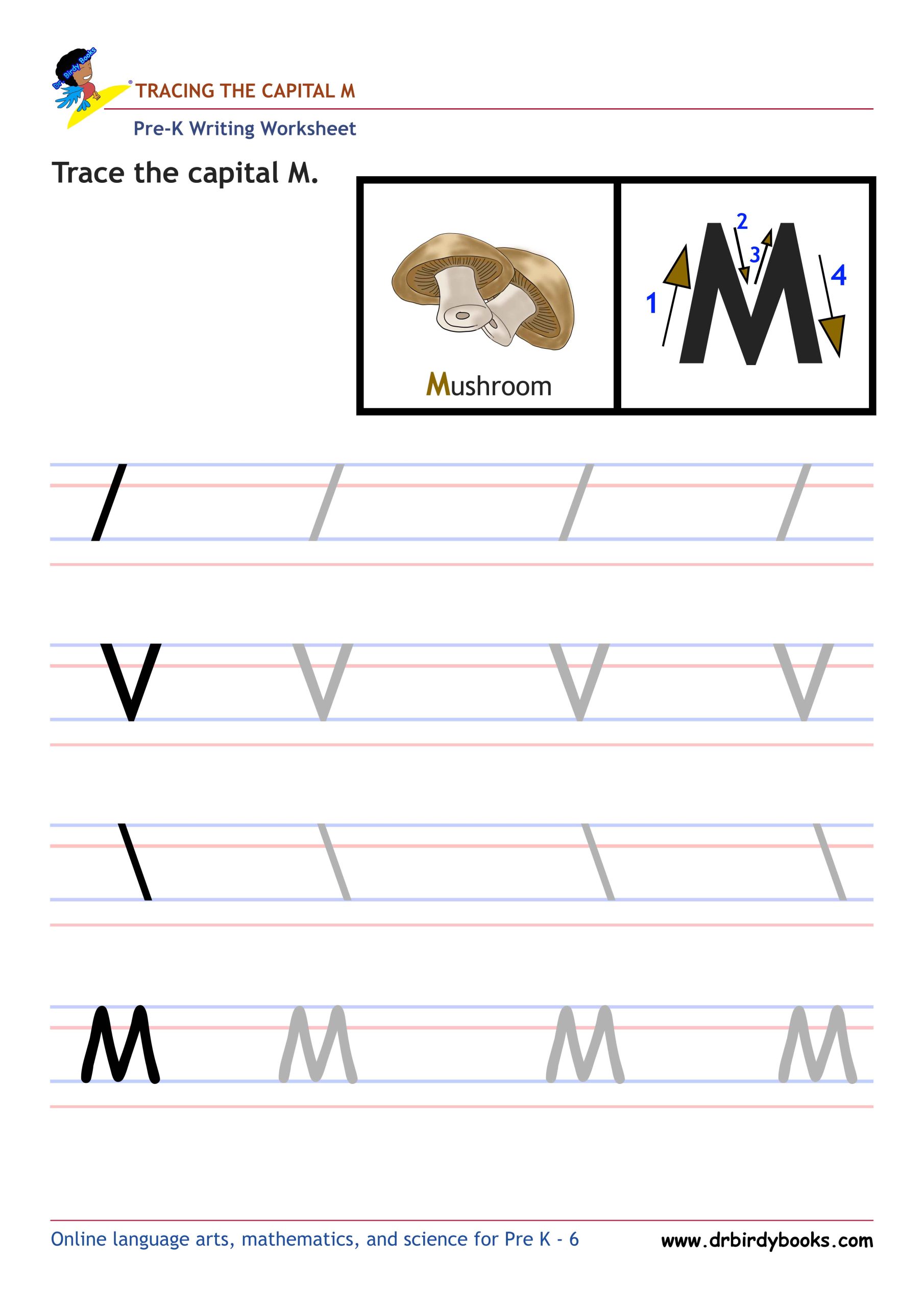 Pre K Writing ABCs Worksheet showing letter strokes and complete letters.