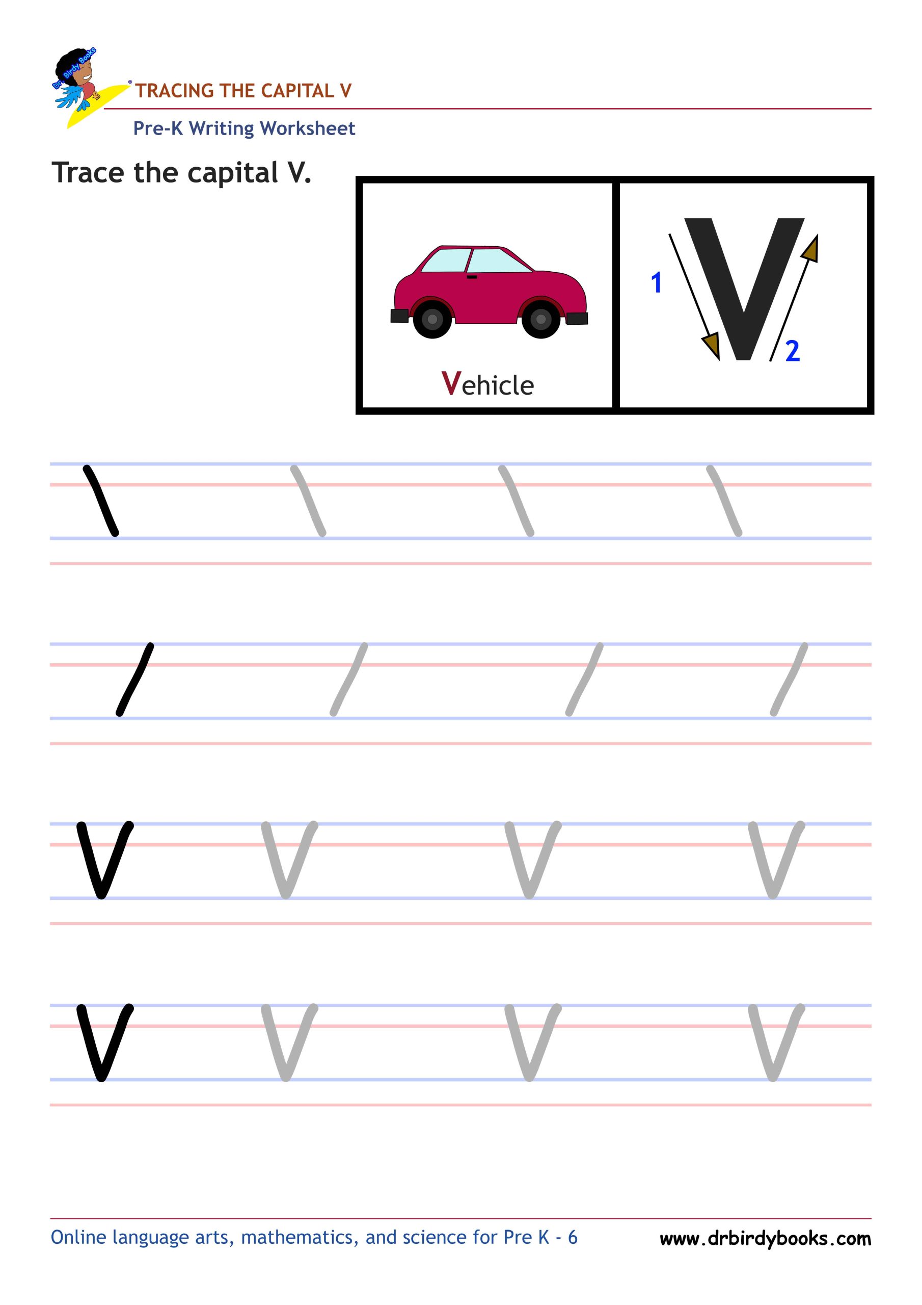 Pre K Writing ABCs Worksheet showing letter strokes and complete letters.