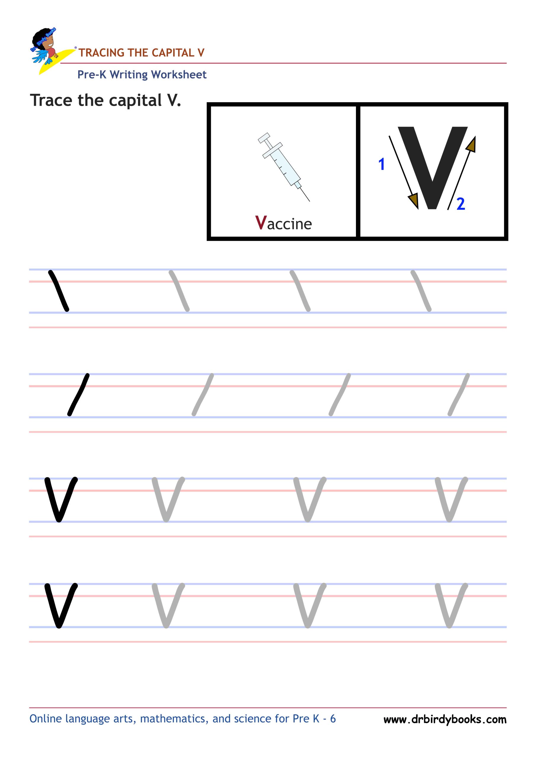 Pre K Writing ABCs Worksheet showing letter strokes and complete letters.