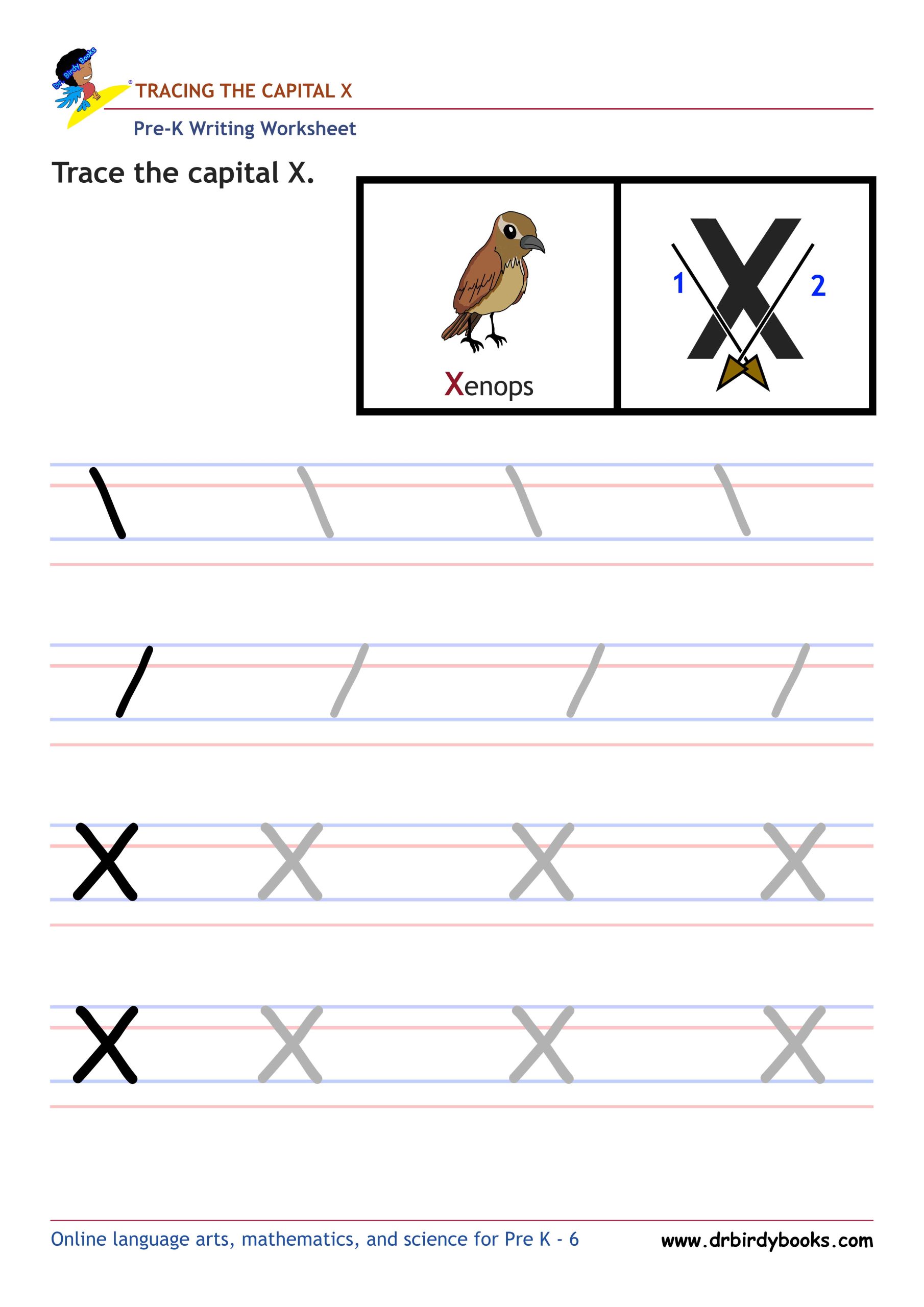 Pre K Writing ABCs Worksheet showing letter strokes and complete letters.
